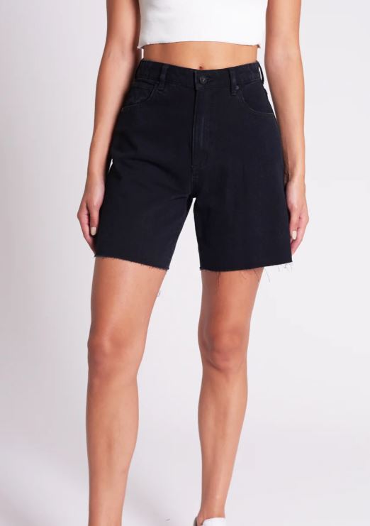 CARRIE SHORT DEAD OF NIGHT BLACK DENIM LONGER SHORTS FRAYED HIGH WAISTED